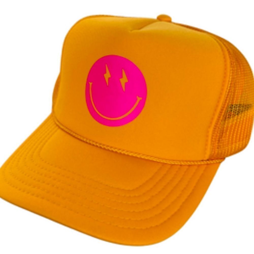 Yellow & Pink Smiley Trucker Hat BRAND NEW Tags Snap Back Mesh Back